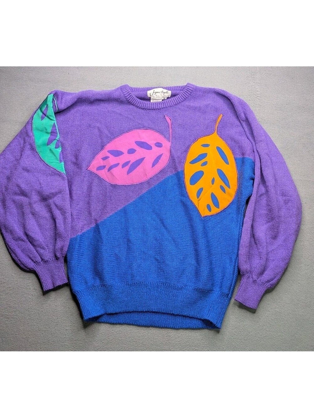 VTG Jaymee Papell Sweater Pullover Womens M Multicolor Leaf Graphic 80s Retro